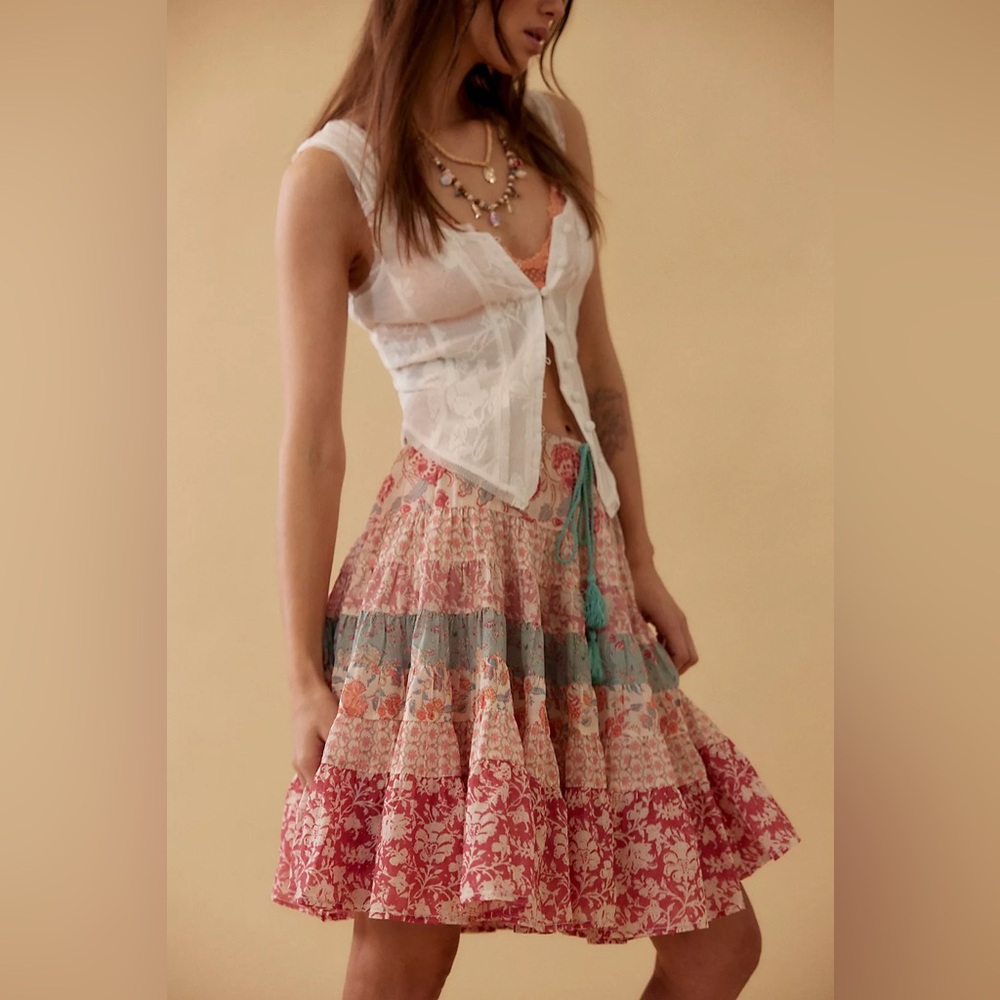 Free People Tiered Floral Midi Skirt in Red, Pink, Teal, Cream - Picture 5 of 9